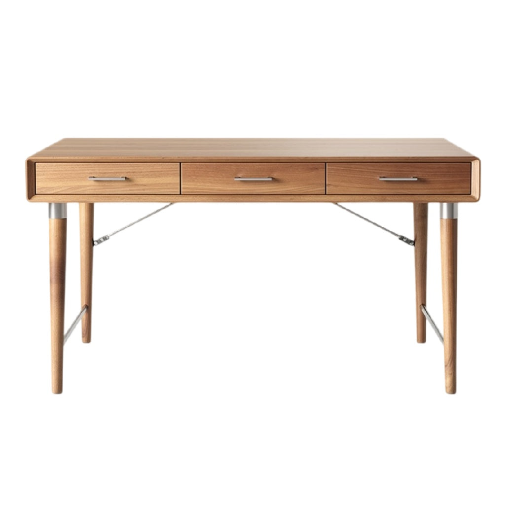 **Houten Bureau met Drie Lades en Metalen Poten**