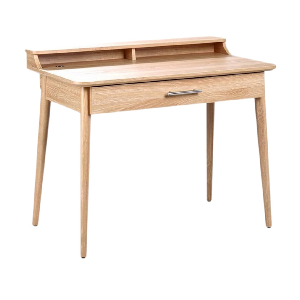 **Moderne Houten Bureau met Lades en Open Opslag**
