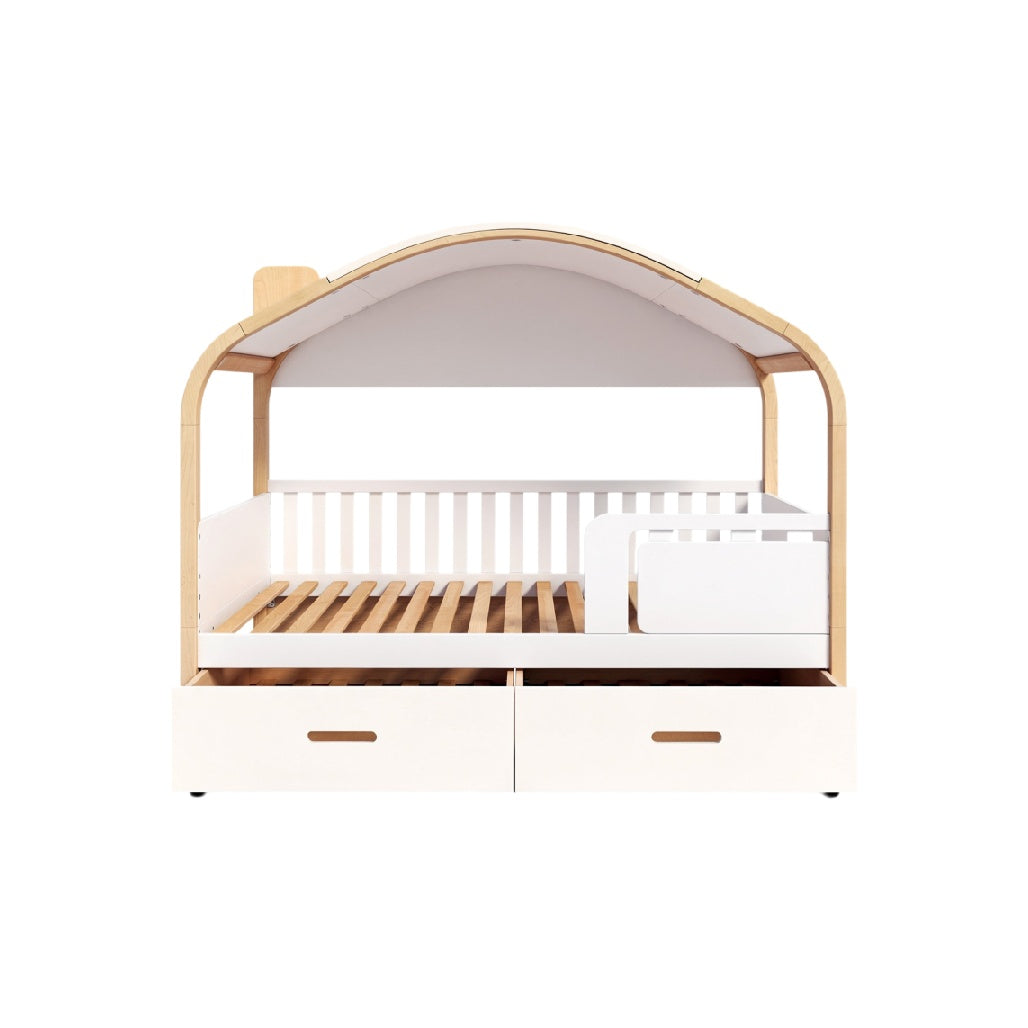 **Technische titel in het Nederlands: Moderne houten kinderbed met opbergladen en halve dakstructuur**